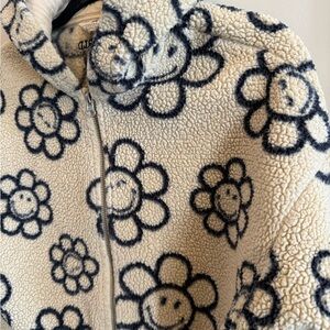 H&M Cream Sherpa Jacket with Navy Smiley Flower Print